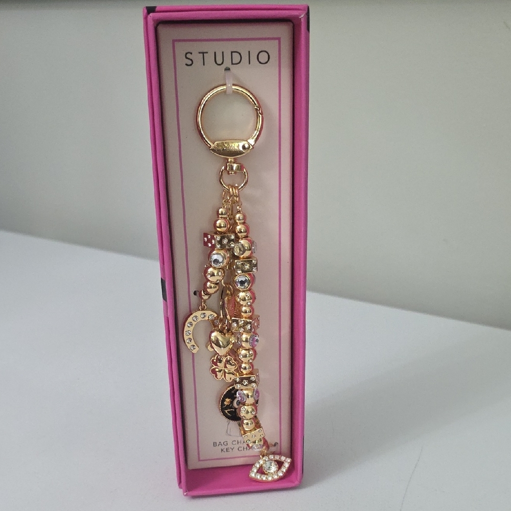 Studio Gold and Pink Beaded Charm Keyring